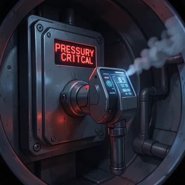A heavy manual override lever on a bulkhead, illuminated by a glowing warning interface.