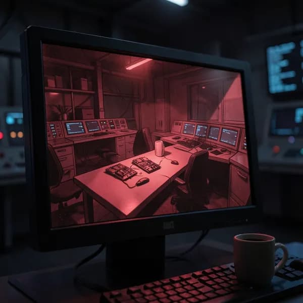 A computer monitor in a dark lab displays a static-filled image of an office bathed in deep crimson light.