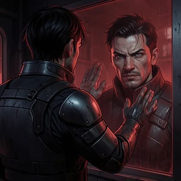 A man with a scarred face and brutalist uniform stares through reinforced glass with a cold, calculating expression.
