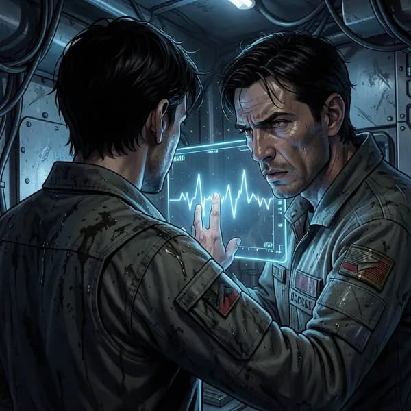 A man in a worn space suit touches a glowing monitor, his face illuminated by a jagged, pulsing waveform.