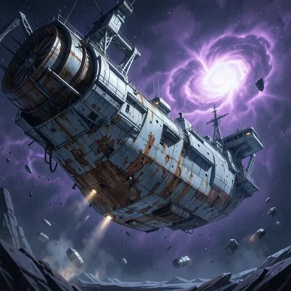 A patched-up industrial freighter drifts near the massive, rusted cooling vents of a derelict space station in deep space.