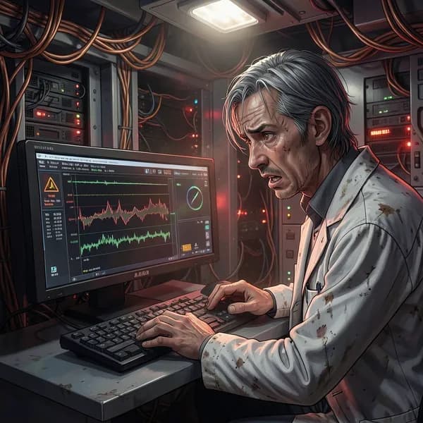 A distressed scientist slumped over a flickering terminal in a dark, industrial maintenance deck.