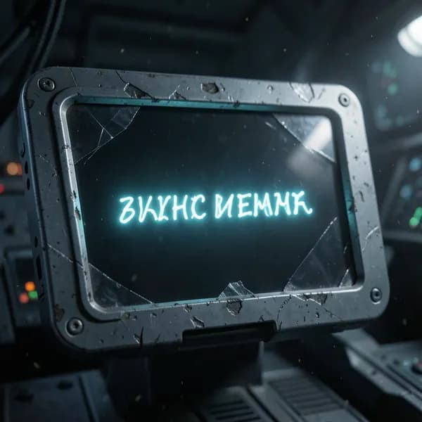 A close-up of a cracked, futuristic navigation console displaying a single, glowing, alien coordinate in the dark.