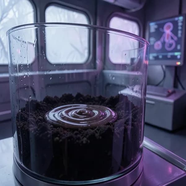Close-up of a glass nutrient tank with synthetic soil, showing a rhythmic pulse under a violet light.