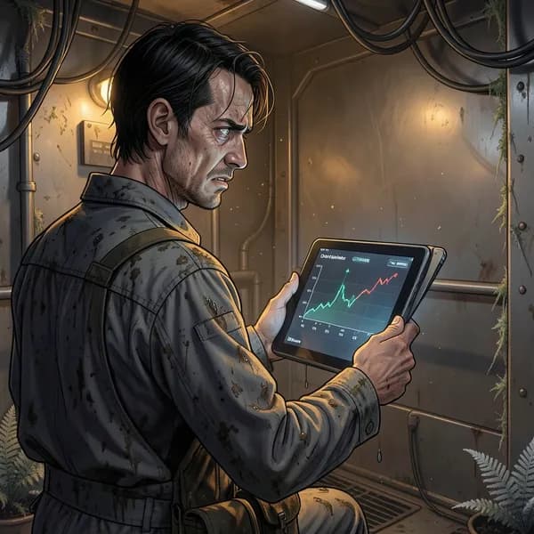 A weary technician looking at a diagnostic tablet in a dimly lit, amber-hued room.