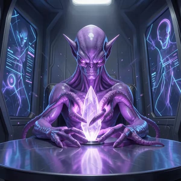 An alien minister with bioluminescent violet skin holds a crystalline data-spike in a dark, metallic negotiation room.