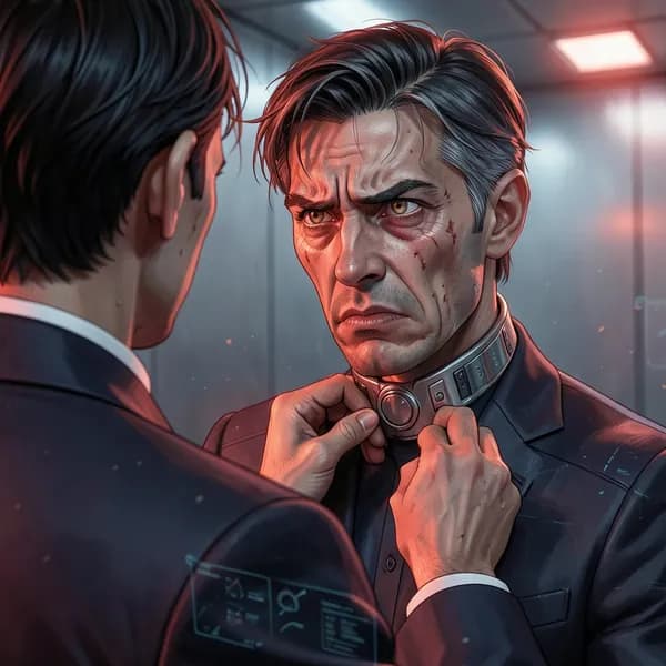 A weary human diplomat adjusting his translation collar, looking stressed in a high-tension negotiation room.