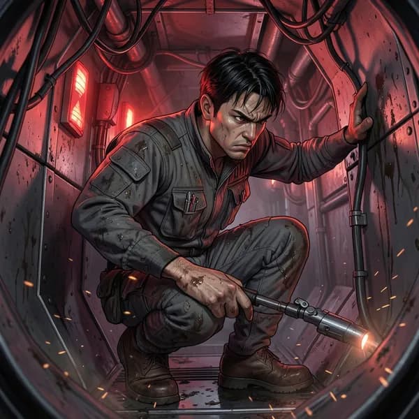 A man in a grease-stained jumpsuit crouches in a cramped, dark metallic maintenance shaft, looking focused and tense.