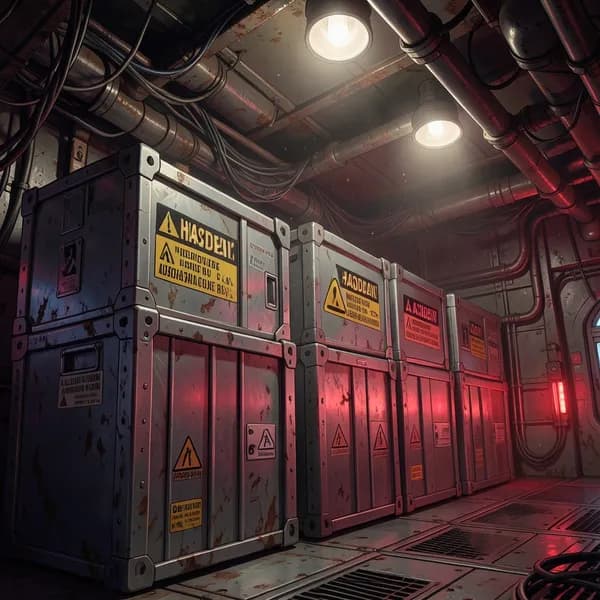A dimly lit cargo hold filled with metallic crates and pulsing, illegal neuro-tech devices.