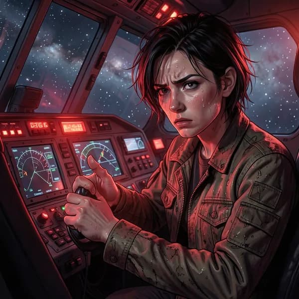 A female pilot with a tense expression gripping the flight yoke in a dimly lit cockpit.