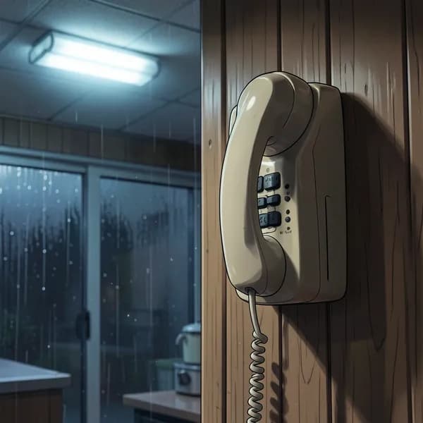 A vintage 1990s beige wall-mounted landline phone in a dark kitchen with rain streaking the sliding glass door behind it.
