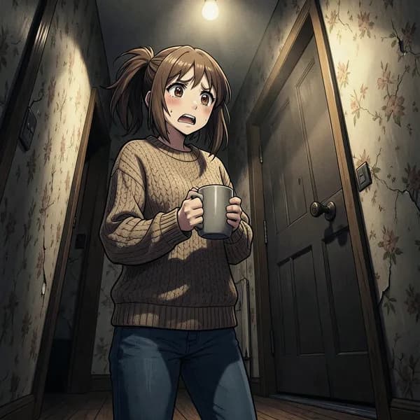 A terrified young woman standing in a dark hallway, looking toward a basement door with a deadbolt.