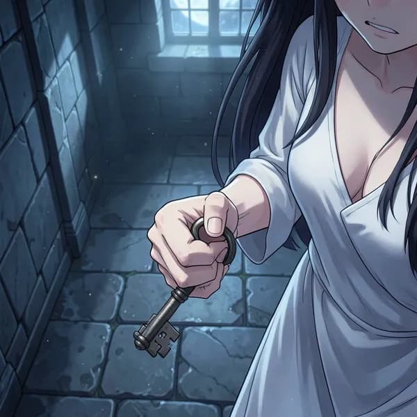A close-up of a woman's trembling hand gripping a heavy, ornate iron key, with bare feet visible on cold stone.
