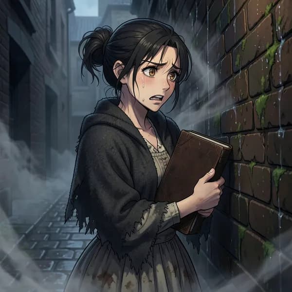 A terrified young woman in ragged Victorian clothing hides against a damp brick wall, clutching a worn leather ledger.
