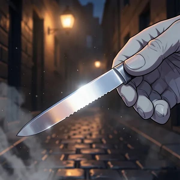 A close-up of a sharp, surgical-grade steel blade catching the faint orange glow of a distant gaslight.