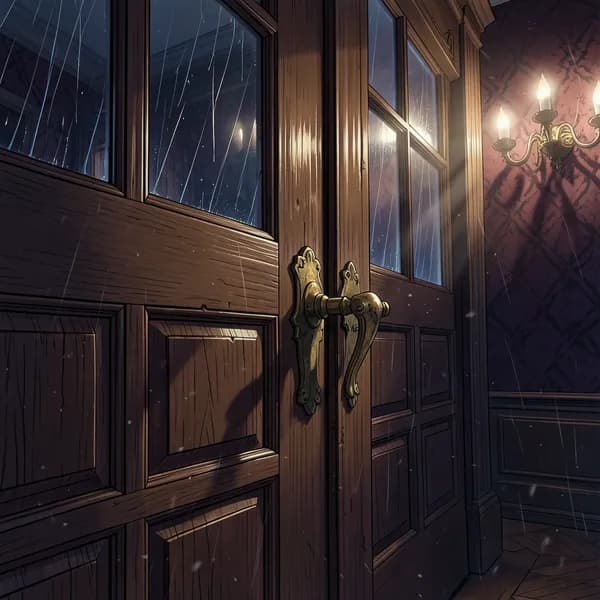A close-up of a heavy, ornate Victorian oak door with a tarnished brass handle, rain streaking the glass panels.