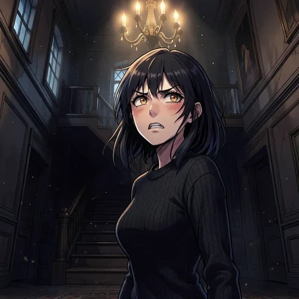 A young woman with a sharp, focused expression looking up toward a dark, yawning staircase in a Victorian mansion.
