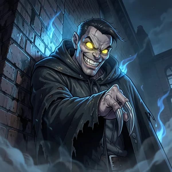 A terrifying figure in a tattered oilskin cloak clinging to a brick wall with razor-sharp steel claws and glowing eyes.
