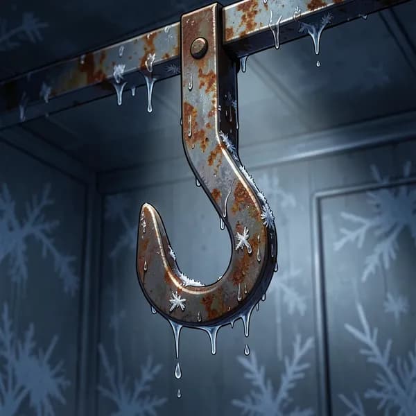 A sharp, rusted iron meat hook dangling from a ceiling rail, glistening with condensation in the dim light.