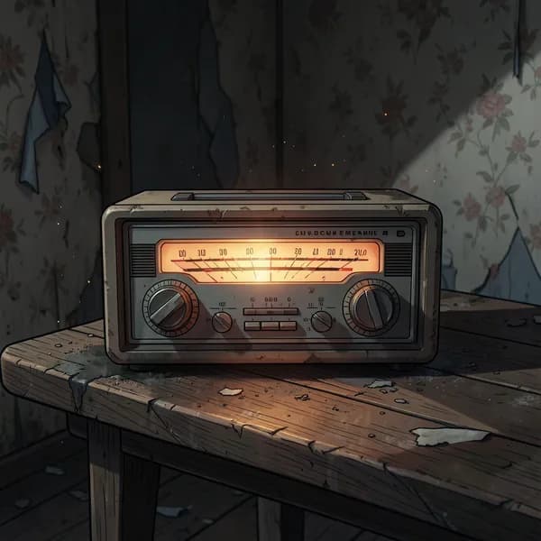 A vintage 1990s analog radio emitting static on a dusty wooden table in a dark cabin.