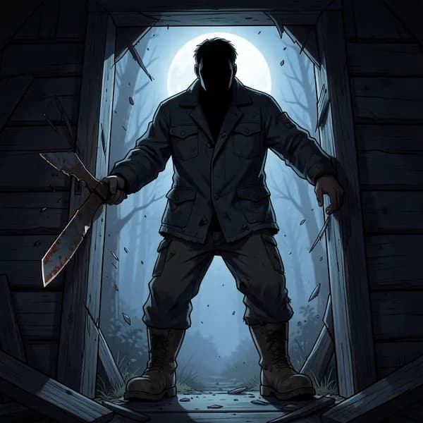 A hulking, dark silhouette of a man standing in a splintered doorway holding a rusted machete.