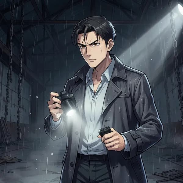 A man in a trench coat stands in a dark slaughterhouse, holding a camera and a flashlight.
