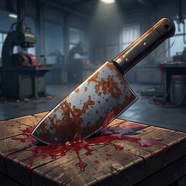 A heavy, rusted meat cleaver embedded deeply into a scarred wooden workbench.