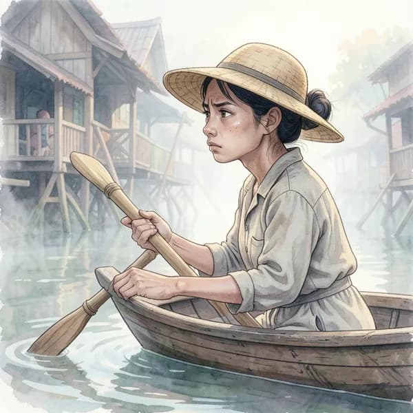 A young woman paddles her boat through a misty morning canal, surrounded by vibrant dragon fruit and lotus baskets.