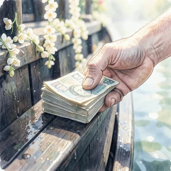 A close-up of weathered hands placing crumpled money onto the wooden edge of a boat, representing a tense transaction.