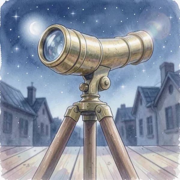 A close-up of a vintage brass telescope on a tripod, set against a dark, star-filled night sky.