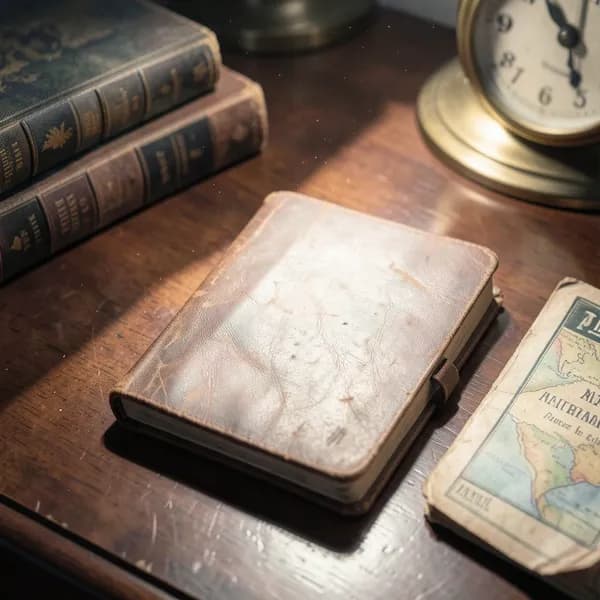 A weathered, leather-bound notebook resting on a mahogany desk amidst dusty textbooks in a dim library.