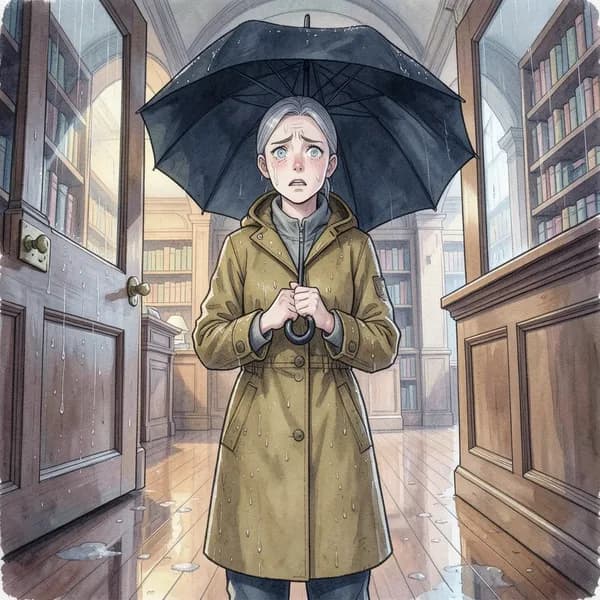 An elderly woman in a wet raincoat standing in the library entrance, looking nervous and clutching an umbrella.