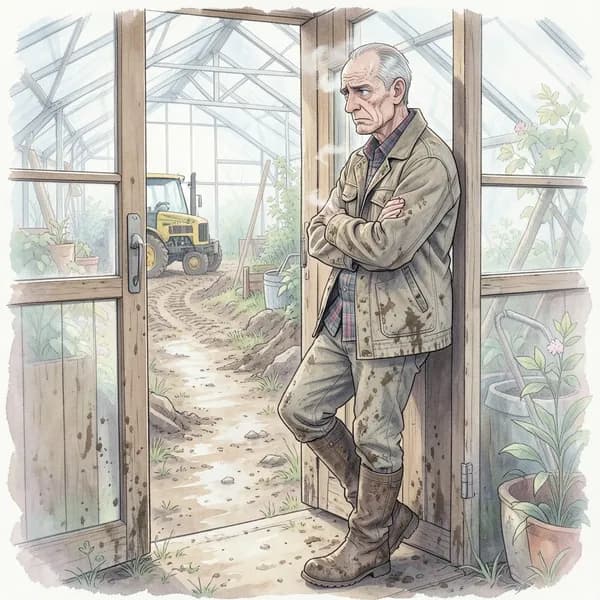 An older, weathered farmer leaning against a greenhouse doorframe with a skeptical expression.