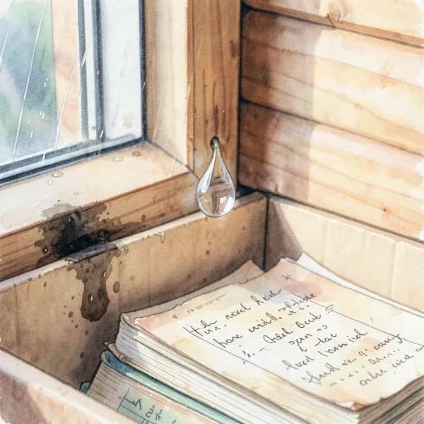 A close-up of a water droplet about to fall from a window seal onto a box of journals.