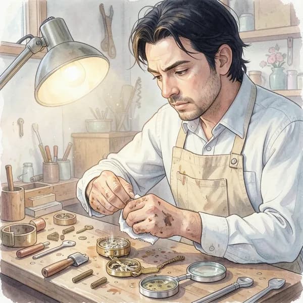 A meticulous watchmaker working in a dimly lit shop, wiping grease from his fingers with a cloth.
