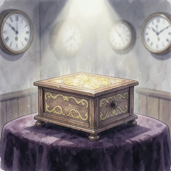 A close-up of an antique music box with yellowed mother-of-pearl inlay sitting on a dark velvet counter.