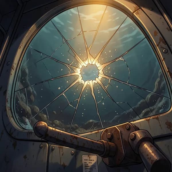A rusted manual override lever in a pressurized dome with a spiderweb crack in the glass.