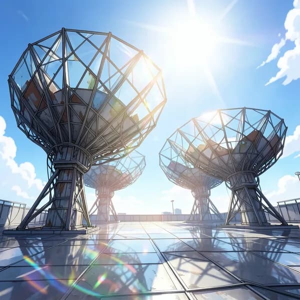 Massive solar collectors tilting toward the sun atop a rusted industrial warehouse roof.