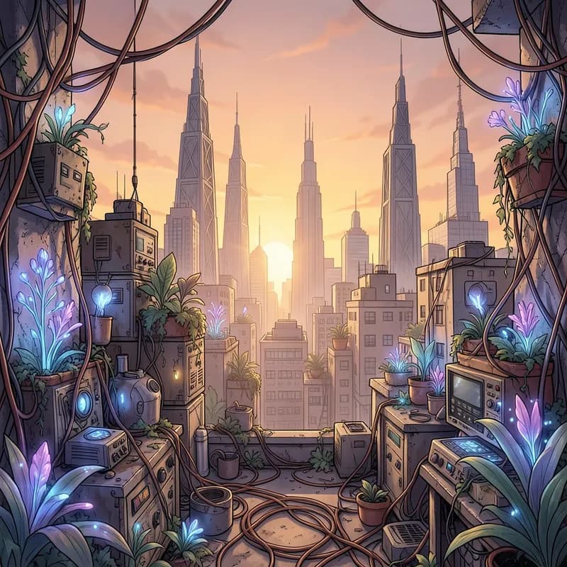 The Bio-Hacker Solarpunk interactive story — atmospheric illustration