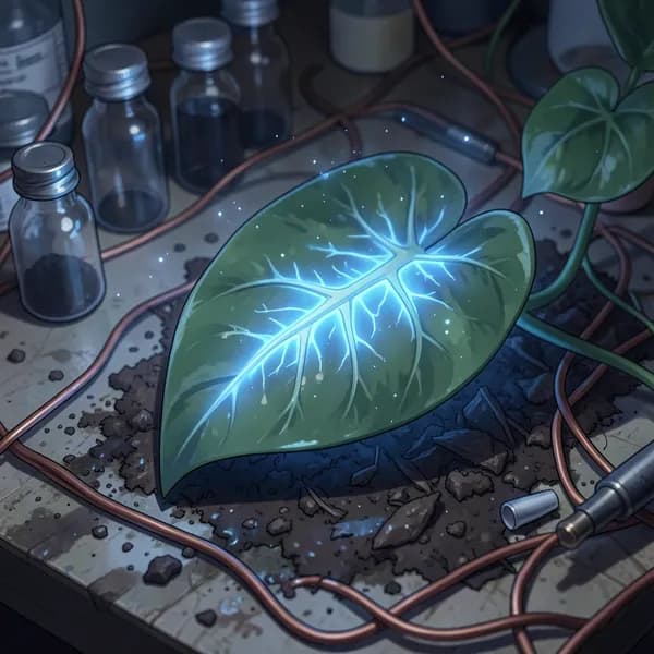 A close-up of a microscope lens focusing on a glowing, neon-blue plant sample inside a cluttered, high-tech laboratory.