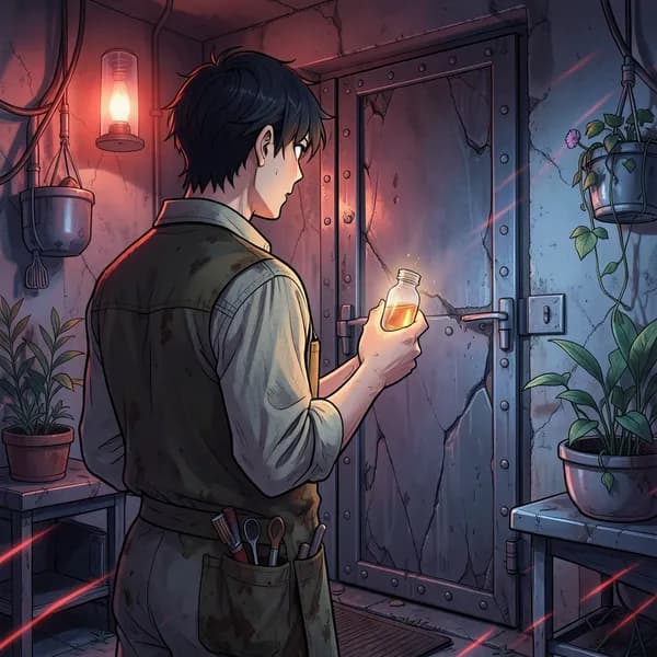 A man in a workshop holding a glowing vial, looking toward a heavy steel door that is being forced open.