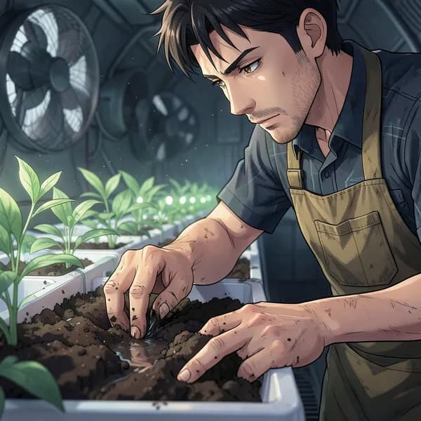 A man with a focused expression gently presses his thumb into rich, dark soil within a hydroponic tray.