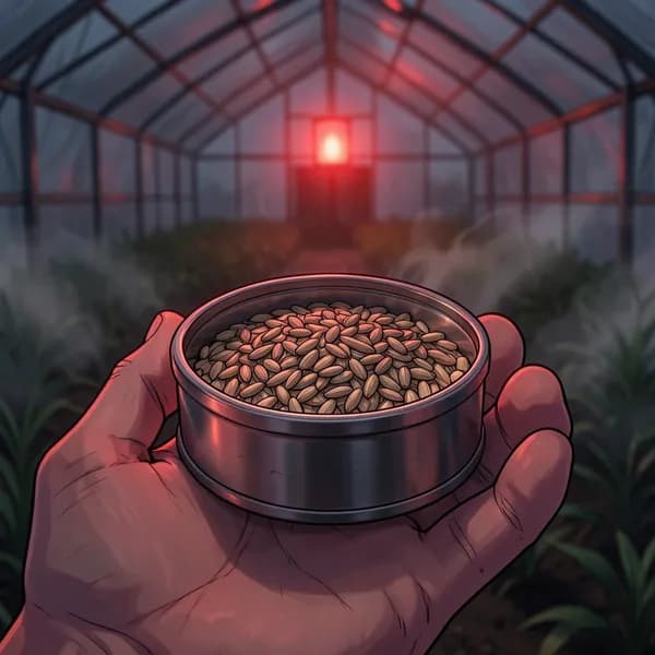 A close-up of a small, reinforced metallic canister containing rare heirloom rice grains, held in a palm.