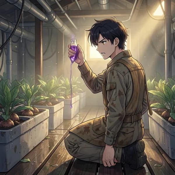 A male horticulturist kneeling in a hydroponic farm, examining a vial of violet liquid in the golden light.