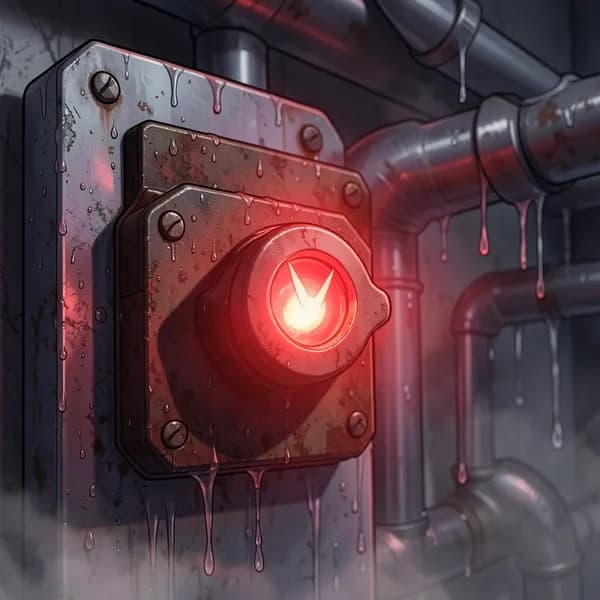 A close-up of a rusted manual override lever on a steel wall, glowing with a red warning light.