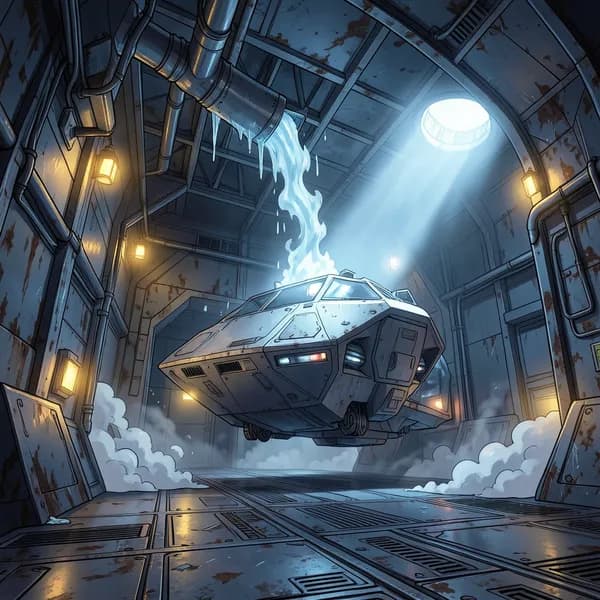 A dark, cramped docking bay with a leaking conduit spraying icy vapor near a parked Imperial scout ship.