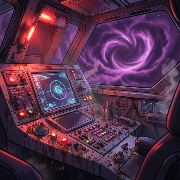 A cluttered, high-tech cockpit console covered in hydraulic fluid stains with flickering red emergency lights and a holographic proximity alarm.