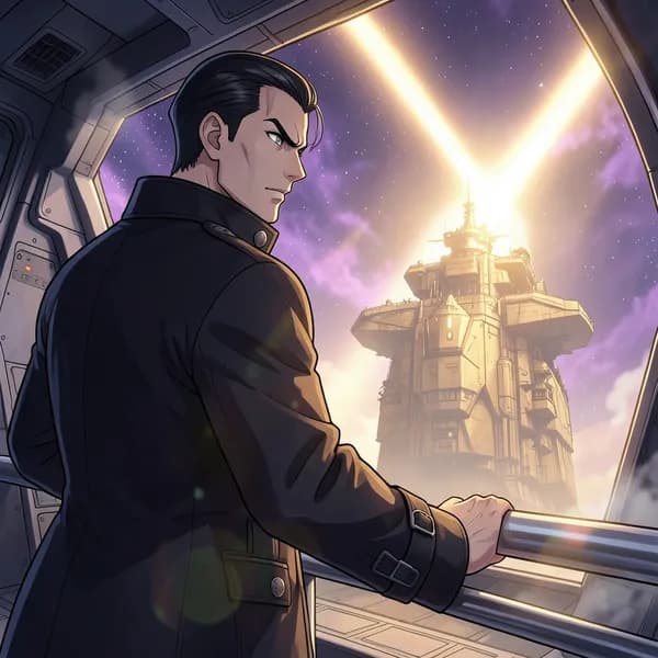 A man with sharp features and a dark, utilitarian high-collar coat standing at a viewport, silhouetted against a golden tractor beam.