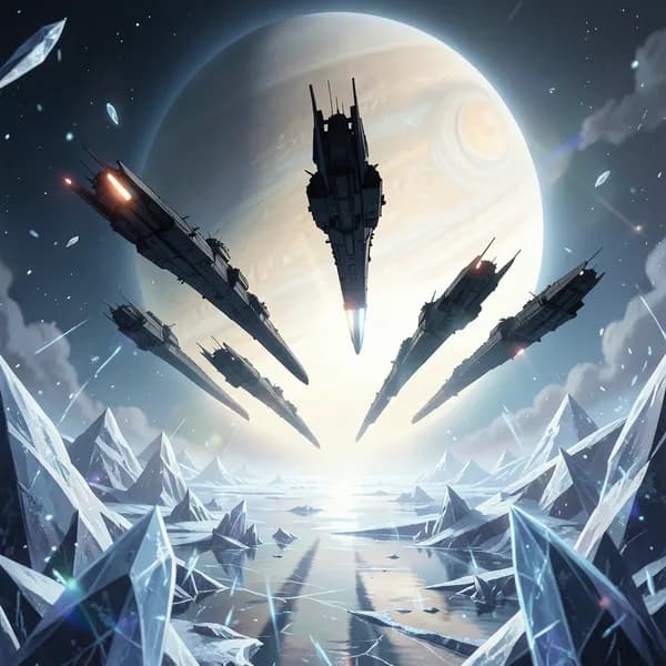 A fleet of sleek, black, dagger-shaped Imperial cruisers descending through the thin, frozen atmosphere of a moon.