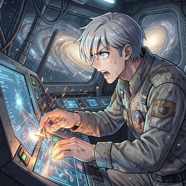 An older man with silver hair frantically working on a complex console inside a space station.